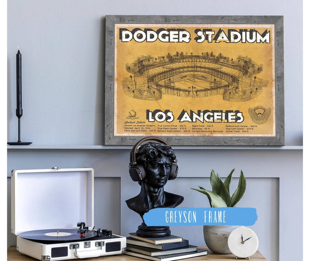 14" x 11" / Stretched Canvas Wrap Cutler West Vintage LA Dodgers Stadium Blueprint Baseball Print - Vintage Brown Edition