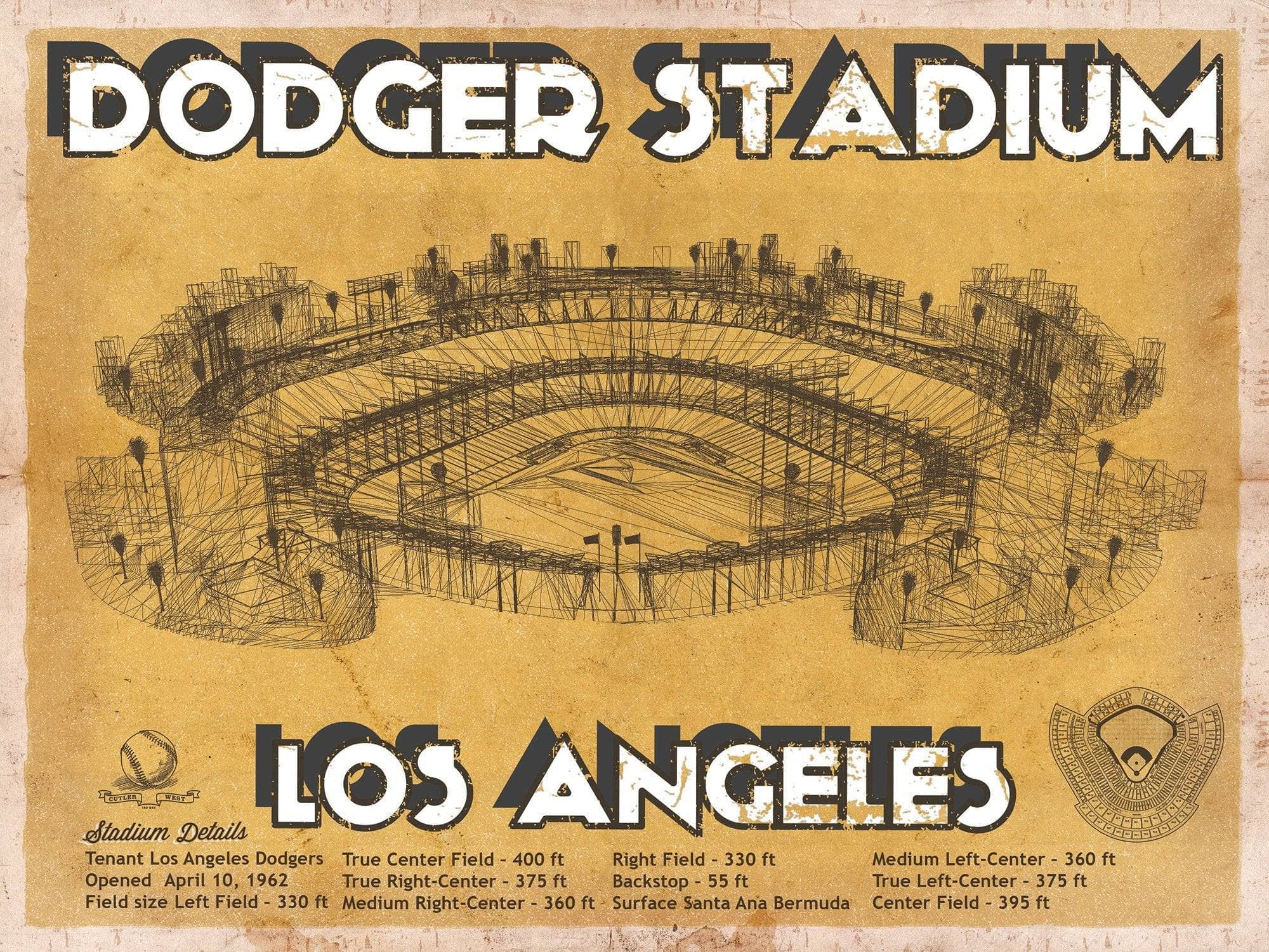 Vintage LA Dodgers Stadium Blueprint Baseball Art - Vintage Brown