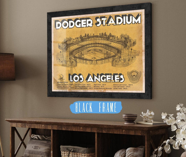 20" x 16" / Black Frame Cutler West Vintage LA Dodgers Stadium Blueprint Baseball Print - Vintage Brown Edition
