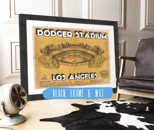 20" x 16" / Black Frame & Mat Cutler West Vintage LA Dodgers Stadium Blueprint Baseball Print - Vintage Brown Edition