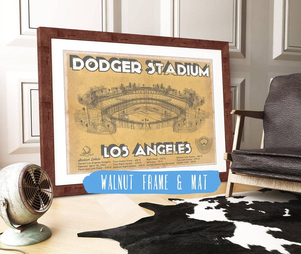 20" x 16" / Walnut Frame & Mat Cutler West Vintage LA Dodgers Stadium Blueprint Baseball Print - Vintage Brown Edition