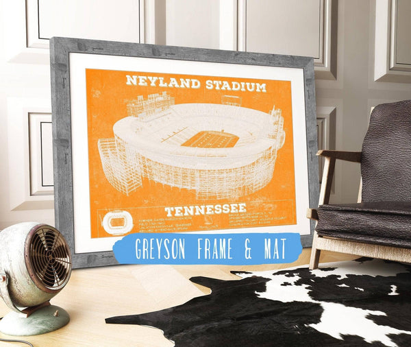 14" x 11" / Greyson Frame & Mat Cutler West Vintage Tennessee Volunteers Neyland Stadium Blueprint Team Color Wall Art
