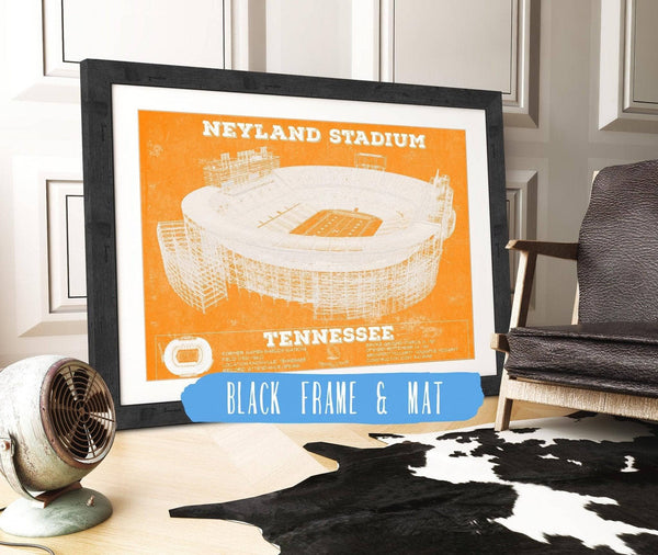 20" x 16" / Black Frame & Mat Cutler West Vintage Tennessee Volunteers Neyland Stadium Blueprint Team Color Wall Art