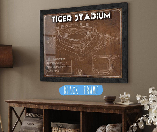 20" x 16" / Black Frame Cutler West Vintage Tiger Stadium Baseball Detroit Tigers Print