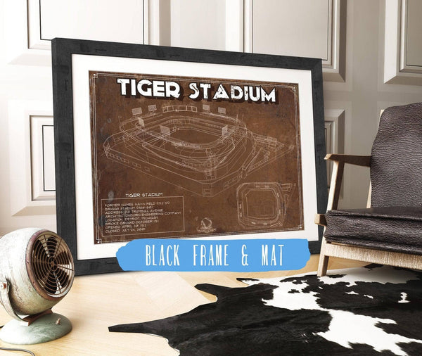 20" x 16" / Black Frame & Mat Cutler West Vintage Tiger Stadium Baseball Detroit Tigers Print