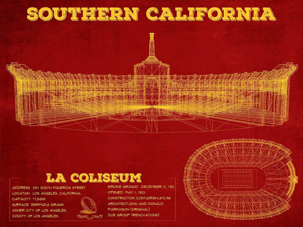 14" x 11" / Unframed Cutler West Vintage USC Trojans - LA Coliseum Blueprint Art Print