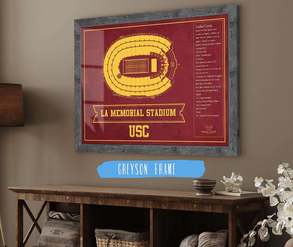 14" x 11" / Greyson Frame Cutler West Vintage USC Trojans - LA Coliseum Blueprint Seating Chart Art Print