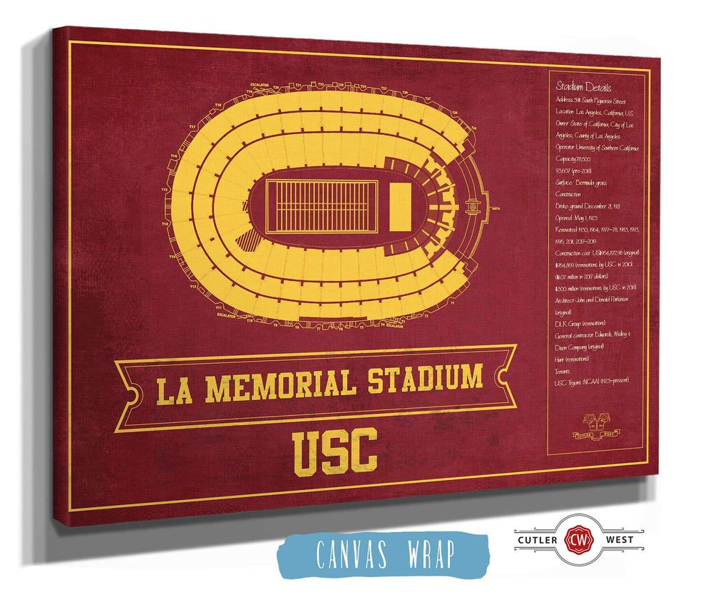 14" x 11" / Stretched Canvas Wrap Cutler West Vintage USC Trojans - LA Coliseum Blueprint Seating Chart Art Print