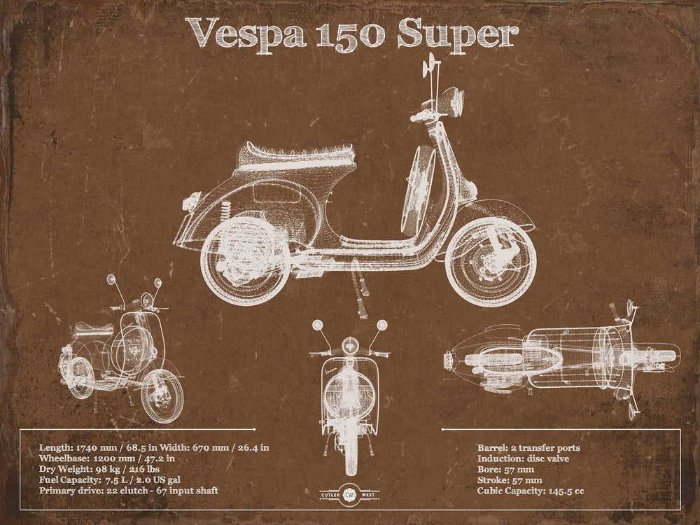 14" x 11" / Stretched Canvas Wrap Cutler West Vintage Vespa 150 VBC Scooter Patent Print