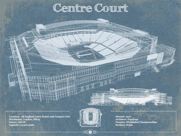 14" x 11" / Unframed Cutler West Vintage Wimbledon - Centre Court Tennis Blueprint Art