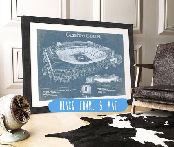 24" x 18" / Black Frame & Mat Cutler West Vintage Wimbledon - Centre Court Tennis Blueprint Art