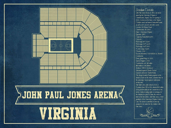 14" x 11" / Unframed Cutler West Virginia Cavaliers - John Paul Jones Arena Seating Chart - College Basketball Blueprint Art
