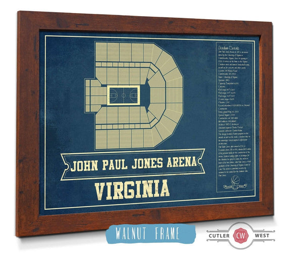 20" x 16" / Walnut Frame Cutler West Virginia Cavaliers - John Paul Jones Arena Seating Chart - College Basketball Blueprint Art