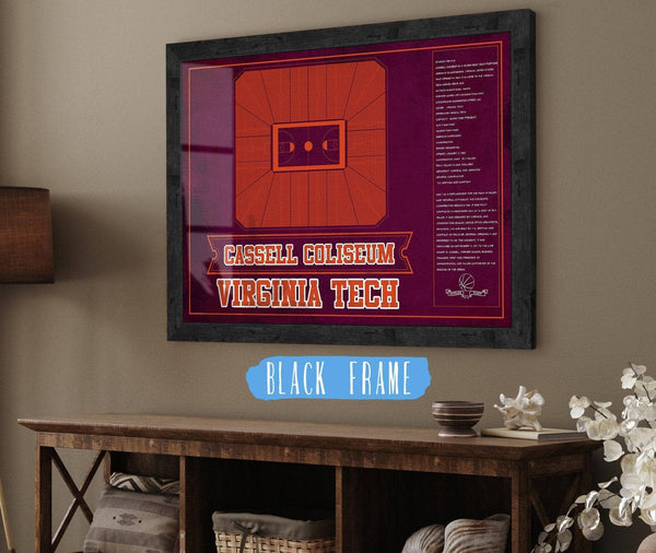 20" x 16" / Black Frame Cutler West Virginia Cavaliers - John Paul Jones Arena Seating Chart -Team Color- College Basketball Blueprint Art