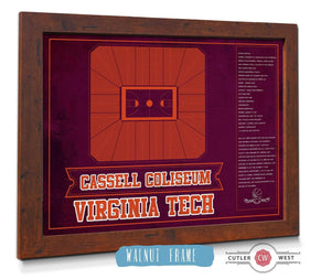 20" x 16" / Walnut Frame Cutler West Virginia Cavaliers - John Paul Jones Arena Seating Chart -Team Color- College Basketball Blueprint Art