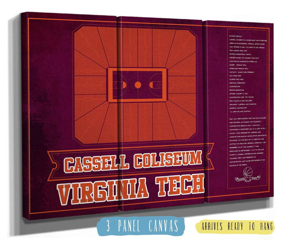 36" x 24" / 3 Panel Canvas Wrap Cutler West Virginia Cavaliers - John Paul Jones Arena Seating Chart -Team Color- College Basketball Blueprint Art