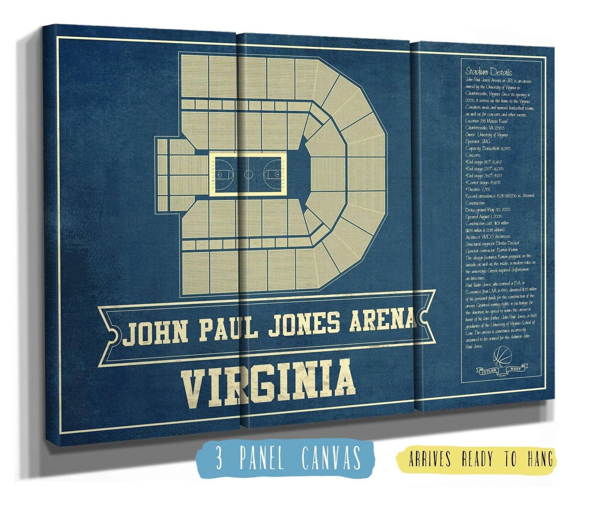 Cutler West Basketball Collection 48" x 32" / 3 Panel Canvas Wrap Virginia Cavaliers - John Paul Jones Arena Seating Chart - College Basketball Blueprint Art 662072736-48"-x-32"82222
