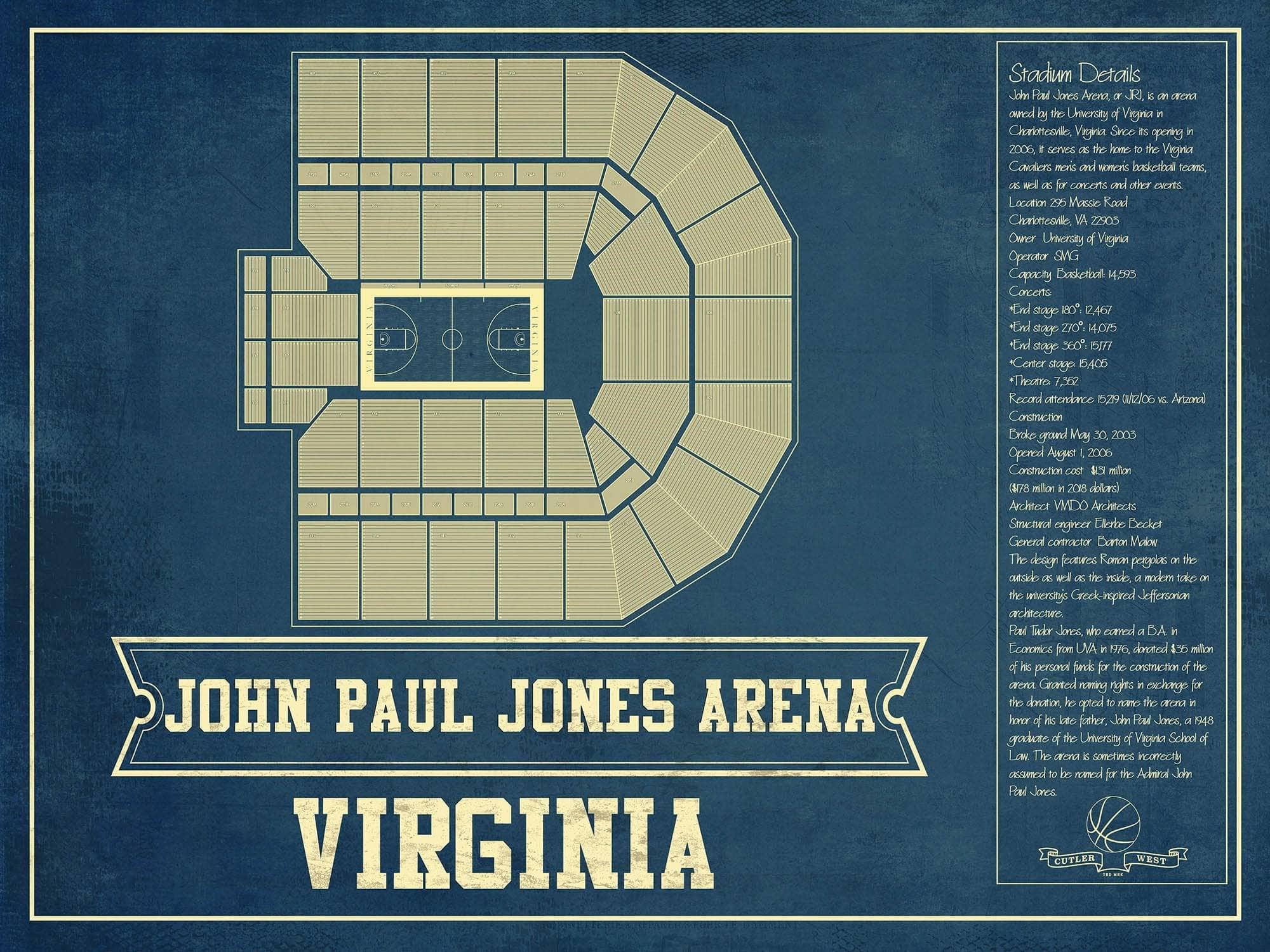 Cutler West Basketball Collection 14" x 11" / Unframed Virginia Cavaliers - John Paul Jones Arena Seating Chart - College Basketball Blueprint Art 662072736-14"-x-11"82172