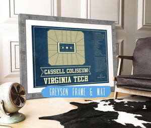 14" x 11" / Greyson Frame & Mat Cutler West Virginia Tech Hokies - Cassell Coliseum Seating Chart - College Basketball Blueprint Art