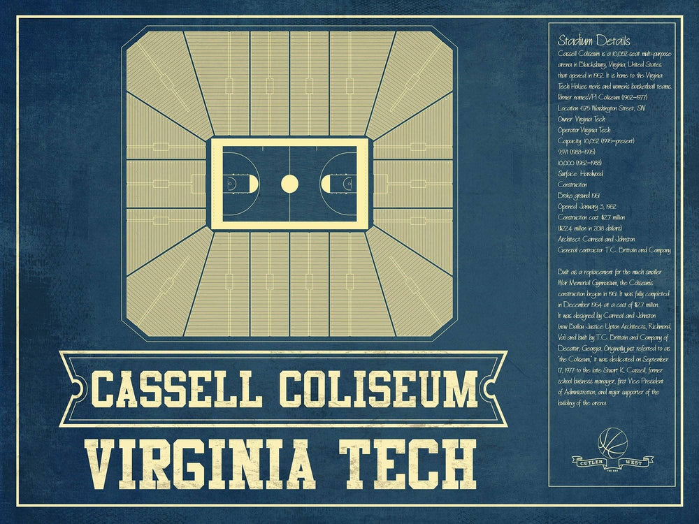 14" x 11" / Stretched Canvas Wrap Cutler West Virginia Tech Hokies - Cassell Coliseum Seating Chart - College Basketball Blueprint Art