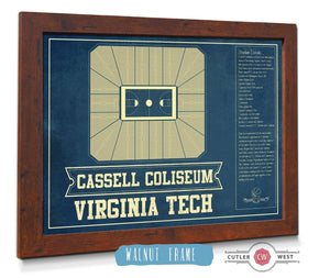 20" x 16" / Walnut Frame Cutler West Virginia Tech Hokies - Cassell Coliseum Seating Chart - College Basketball Blueprint Art