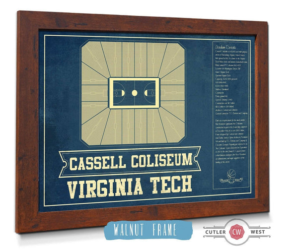 20" x 16" / Walnut Frame Cutler West Virginia Tech Hokies - Cassell Coliseum Seating Chart - College Basketball Blueprint Art