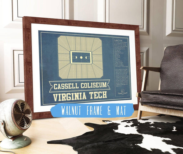 20" x 16" / Walnut Frame & Mat Cutler West Virginia Tech Hokies - Cassell Coliseum Seating Chart - College Basketball Blueprint Art