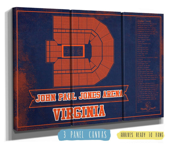 36" x 24" / 3 Panel Canvas Wrap Cutler West Virginia Tech Hokies - Cassell Coliseum Seating Chart - College Basketball Blueprint Team Color Art