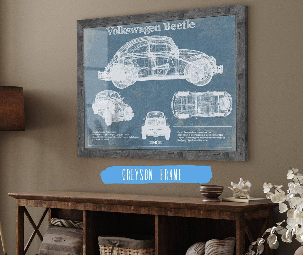 14" x 11" / Stretched Canvas Wrap Cutler West Volkswagen Beetle Blueprint Vintage Auto Print