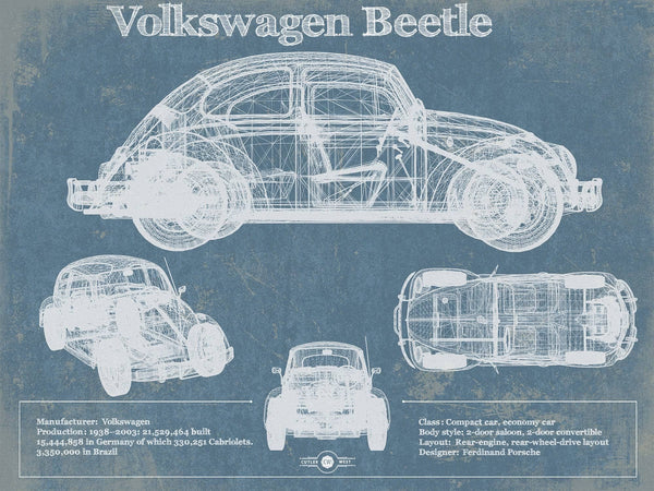 14" x 11" / Unframed Cutler West Volkswagen Beetle Blueprint Vintage Auto Print