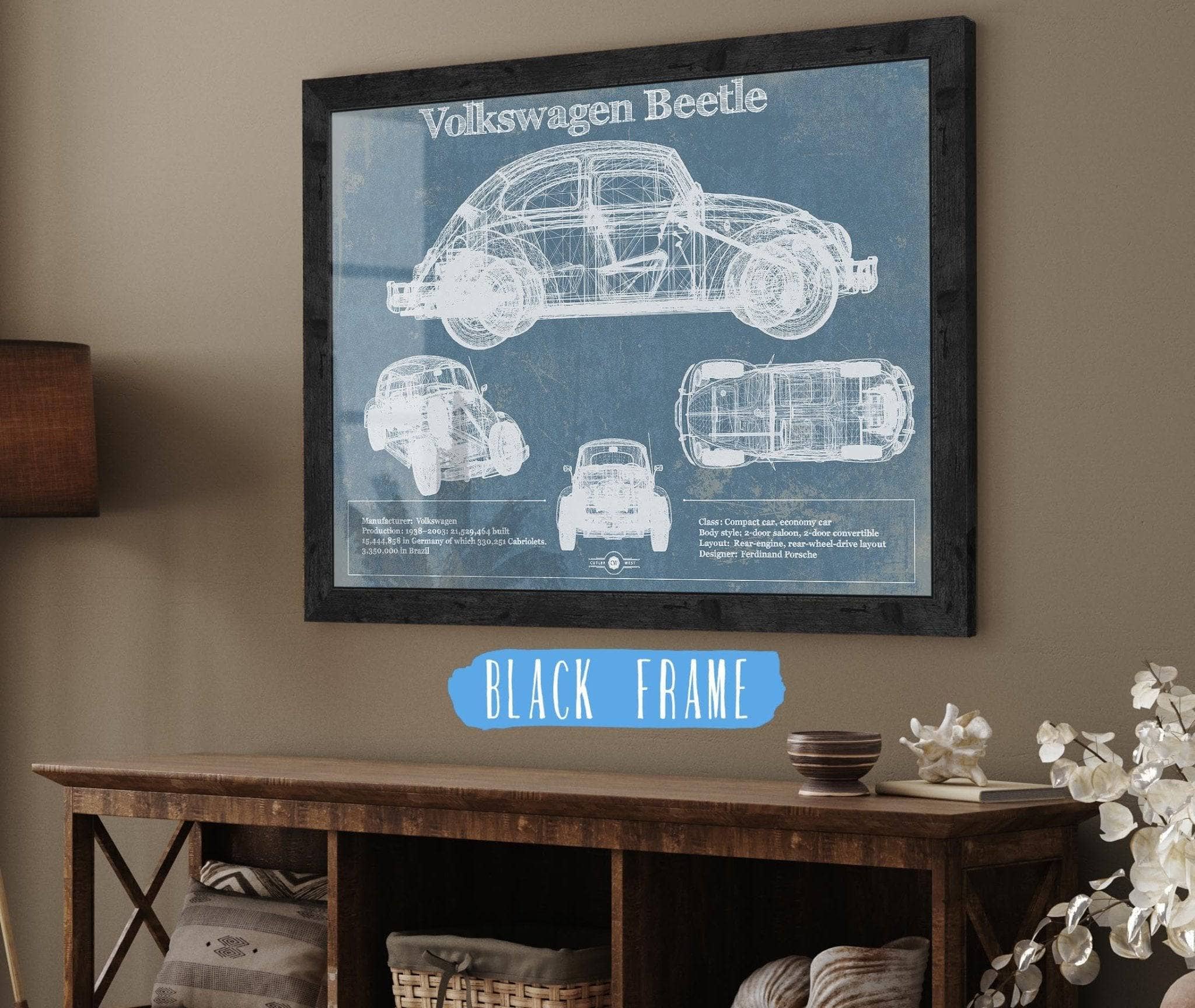 Empireposter Specchio Da Parete Stampato Volkswagen Beetle & Bulli – 20x30 Cm – Cornice Nera Effetto Legno
