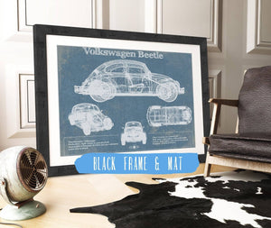 20" x 16" / Black Frame & Mat Cutler West Volkswagen Beetle Blueprint Vintage Auto Print