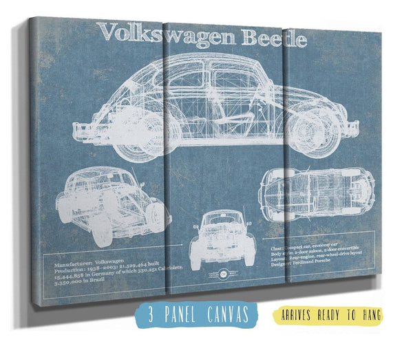 36" x 24" / 3 Panel Canvas Wrap Cutler West Volkswagen Beetle Blueprint Vintage Auto Print
