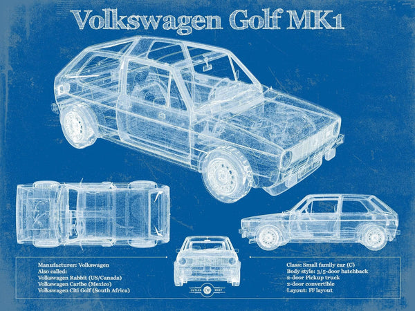 14" x 11" / Unframed Cutler West Volkswagen Golf MK1 Vintage Blueprint Auto Print