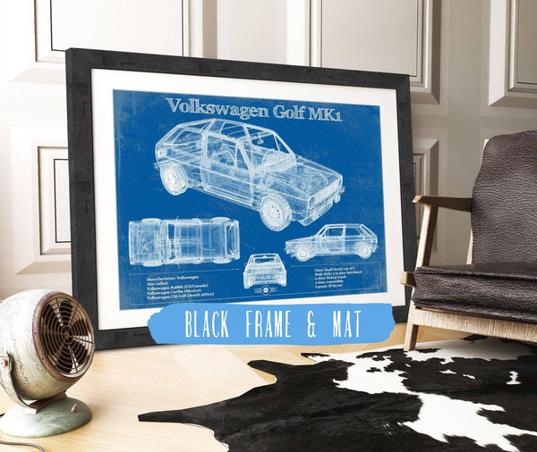20" x 16" / Black Frame & Mat Cutler West Volkswagen Golf MK1 Vintage Blueprint Auto Print