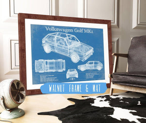 20" x 16" / Walnut Frame & Mat Cutler West Volkswagen Golf MK1 Vintage Blueprint Auto Print