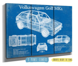 36" x 24" / 3 Panel Canvas Wrap Cutler West Volkswagen Golf MK1 Vintage Blueprint Auto Print