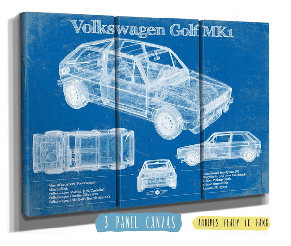 36" x 24" / 3 Panel Canvas Wrap Cutler West Volkswagen Golf MK1 Vintage Blueprint Auto Print