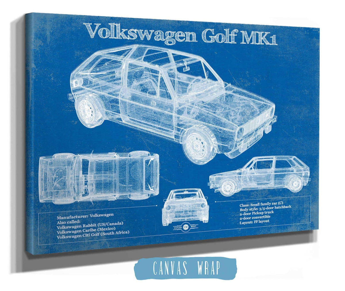 Volkswagen Golf MK1 Vintage Blueprint Auto Print