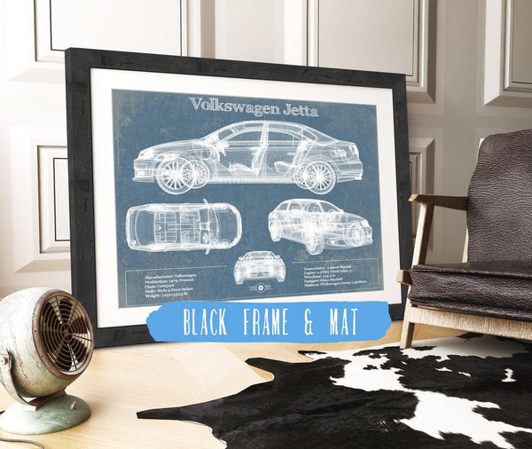 20" x 16" / Black Frame & Mat Cutler West Volkswagen Jetta Vintage Blueprint Auto Print