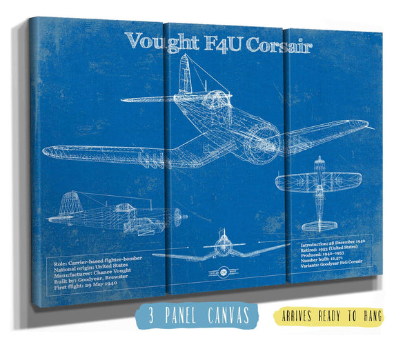 36" x 24" / 3 Panel Canvas Wrap Cutler West Vought F4U Corsair Patent Blueprint Original Design Wall Art