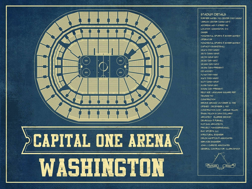 14" x 11" / Stretched Canvas Wrap Cutler West Washington Capitals - Capital One Arena Seating Chart Vintage Art Print
