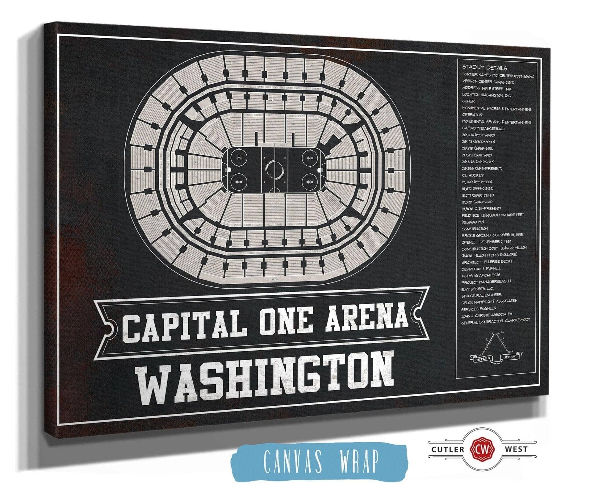 Cutler West 14" x 11" / Stretched Canvas Wrap Washington Capitals Team color - Capital One Arena Seating Chart Vintage Art Print 673825643-TEAM-14"-x-11"81781