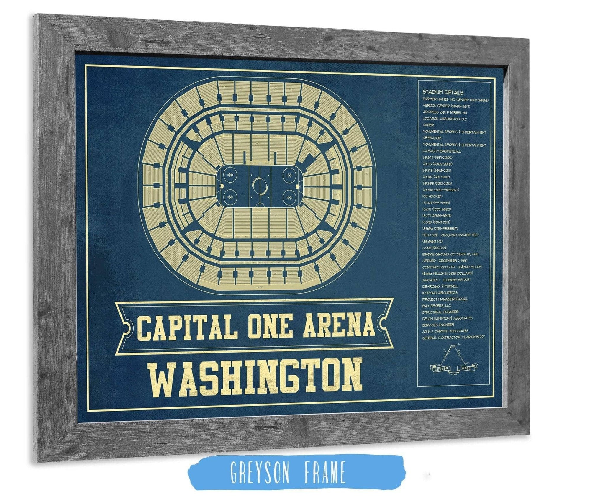 Cutler West 14" x 11" / Greyson Frame Washington Capitals - Capital One Arena Seating Chart Vintage Art Print 673825643-14"-x-11"81717