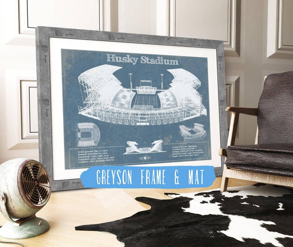 14" x 11" / Greyson Frame & Mat Cutler West Washington Huskies Art Blue Version - Husky Stadium Vintage Stadium Blueprint Art Print