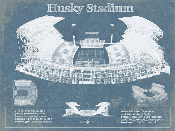 14" x 11" / Unframed Cutler West Washington Huskies Art Blue Version - Husky Stadium Vintage Stadium Blueprint Art Print