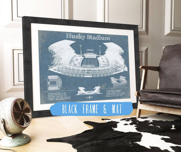 20" x 16" / Black Frame & Mat Cutler West Washington Huskies Art Blue Version - Husky Stadium Vintage Stadium Blueprint Art Print