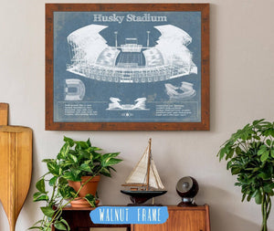 20" x 16" / Walnut Frame Cutler West Washington Huskies Art Blue Version - Husky Stadium Vintage Stadium Blueprint Art Print