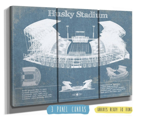 36" x 24" / 3 Panel Canvas Wrap Cutler West Washington Huskies Art Blue Version - Husky Stadium Vintage Stadium Blueprint Art Print