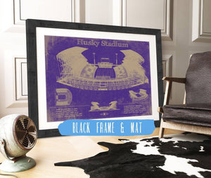 20" x 16" / Black Frame & Mat Cutler West Washington Huskies Art - Husky Stadium Vintage Stadium Blueprint Art Print